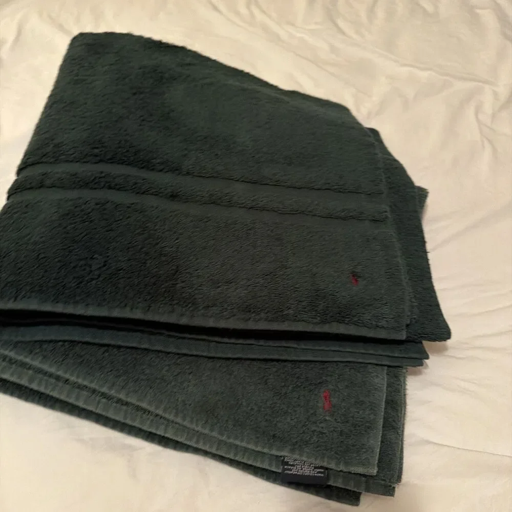 Ralph Lauren Home Large Green Cotton Bath Towel Red Pony Logo Made in USA 29x54”